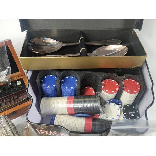 185 - Sundry lot of miscellaneous items including, poker chips, various coins, jewellery box etc