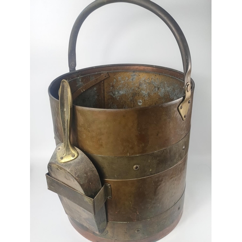 188 - Vintage copper and brass coal bin with liner and shovel, 32cm