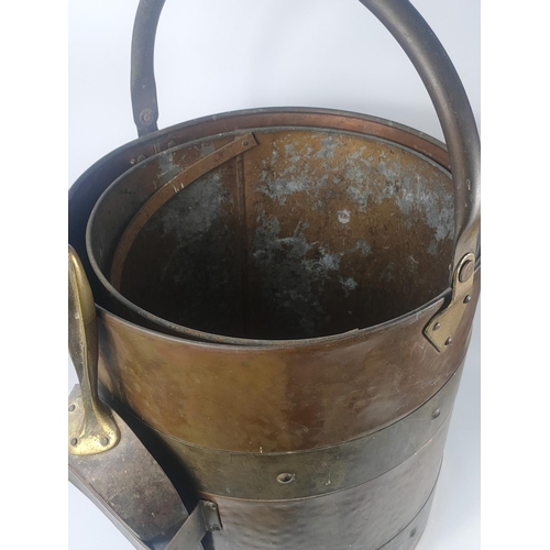 188 - Vintage copper and brass coal bin with liner and shovel, 32cm