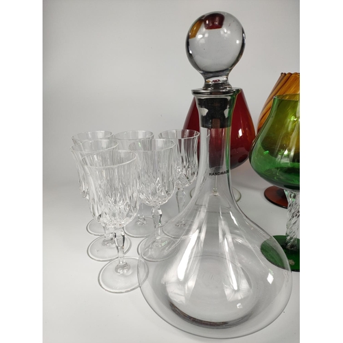 212 - Decanter with glasses and coloured glassware