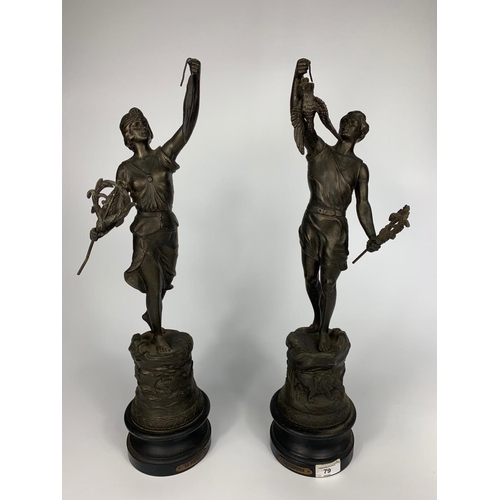 79 - Pair of early 20th century spelter figures,  54cm