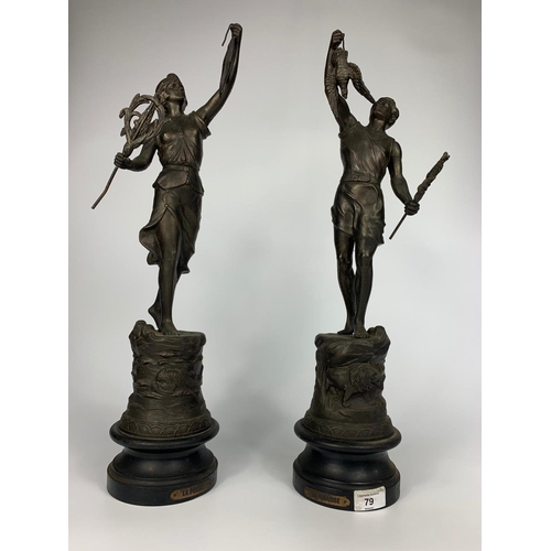 79 - Pair of early 20th century spelter figures,  54cm