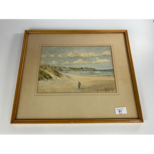 81 - Old watercolour of White Park Bay, died 1949, 42cmx36cm