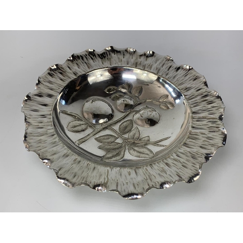 182 - Ornate silver plate dish by Hukin & Heath, silversmiths for Christopher Dresser. 29cm x 9cm