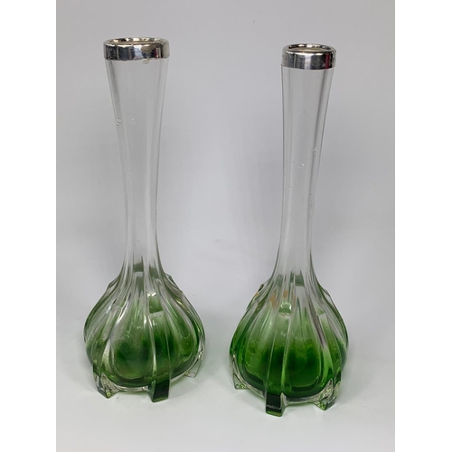 171 - Pair of Art Nouveau glass rose vases with silver tops, London 1909. 20.5cm