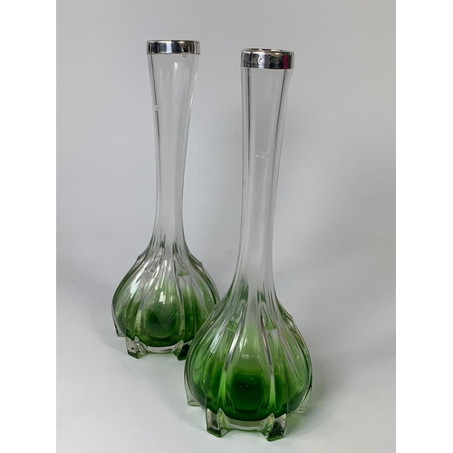 171 - Pair of Art Nouveau glass rose vases with silver tops, London 1909. 20.5cm