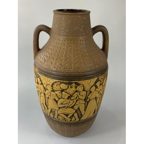 20 - Large West German mid century 2 handled pot with Medieval figures decoration, 58cm