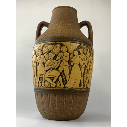 20 - Large West German mid century 2 handled pot with Medieval figures decoration, 58cm