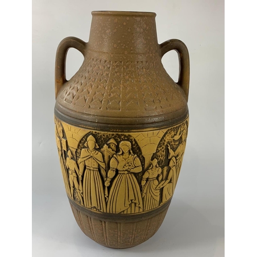 20 - Large West German mid century 2 handled pot with Medieval figures decoration, 58cm