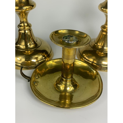 205 - 3 Georgian brass candlesticks