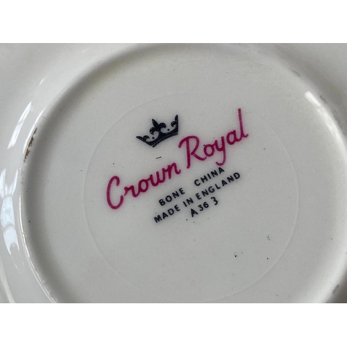 223 - Part Queen Anne tea set with 2 Crown Royal saucers and Royal Grafton sugar container.