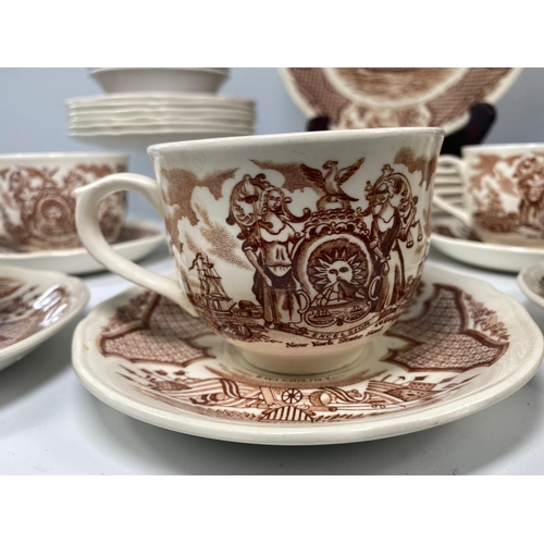 231 - Fair Winds Alfred Meakin Staffordshire tea and dinnerware. Copper engravings depicting historical sc... 