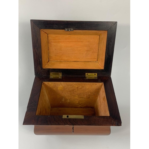 237 - Late Georgian mahogany and rosewood tea caddy with Sarcophagus shaped box. 22x15x17cm