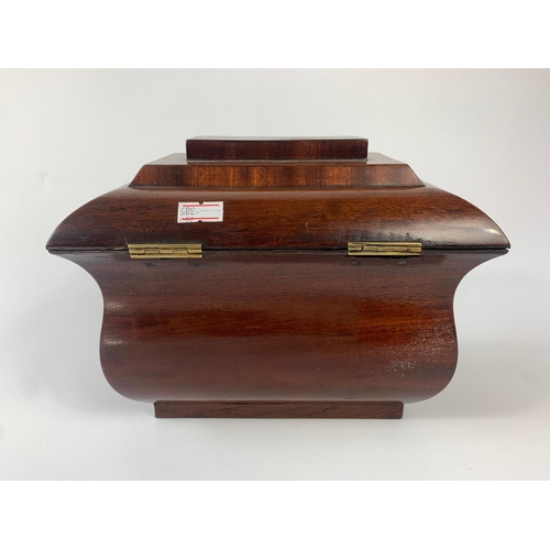 237 - Late Georgian mahogany and rosewood tea caddy with Sarcophagus shaped box. 22x15x17cm