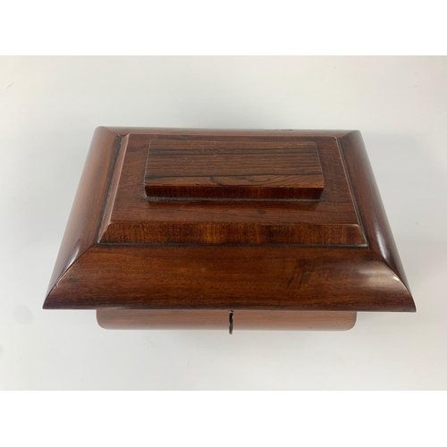 237 - Late Georgian mahogany and rosewood tea caddy with Sarcophagus shaped box. 22x15x17cm