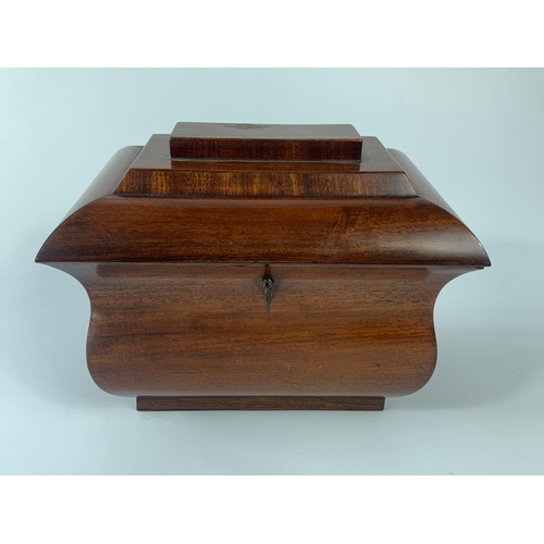 237 - Late Georgian mahogany and rosewood tea caddy with Sarcophagus shaped box. 22x15x17cm