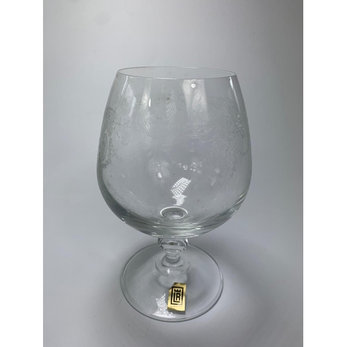 249 - 6 Etched brandy glasses with decanter.