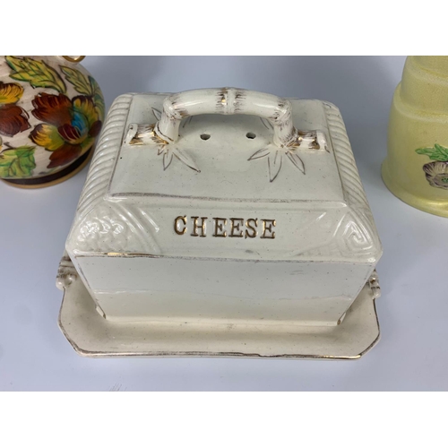 277 - Large vintage cheese dish with a large pottery vase and jug.