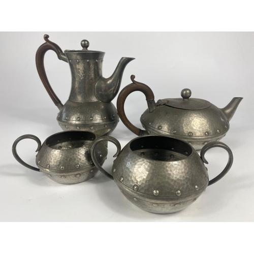 306 - Arts & Crafts 4 piece pewter tea service stamped W&C with Arts & Crafts tray stamped Craftmans Sheff... 