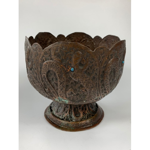 37 - 19th century ornate copper jardinière, 22cm x 21cm