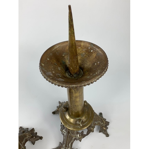 38 - Pair of mid-late 19th century French church candlesticks in the Gothic style, 40cm