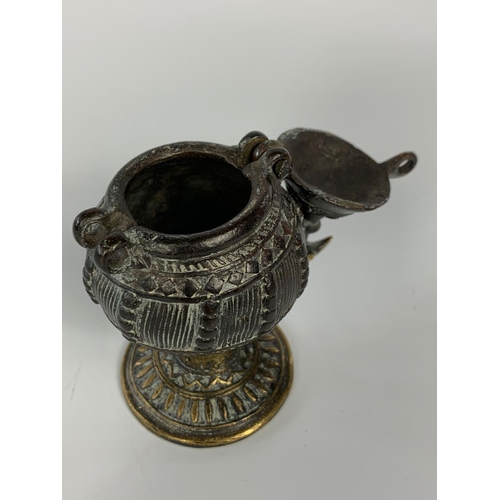 45 - 19th century ornate bronze pot with lid, possibly Indian.  12cm