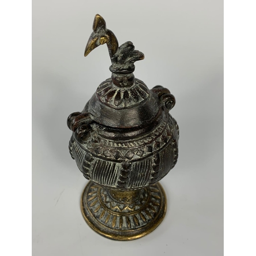 45 - 19th century ornate bronze pot with lid, possibly Indian.  12cm