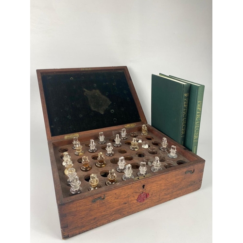 66 - Late Victorian chemist bottles in box with 2 medical journals, circa 1890/1900.  40 x 31 x 14cm