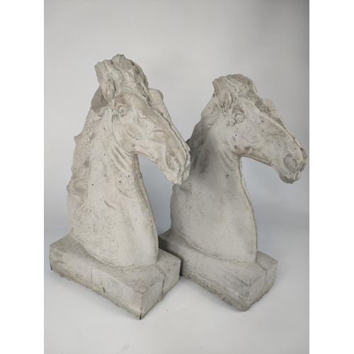 80 - Pair of concrete horse head ornaments, 38cm