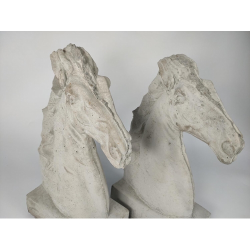 80 - Pair of concrete horse head ornaments, 38cm