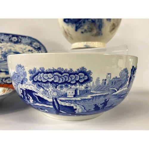 100 - Large Victorian blue & white jug with a small mid 19th century platter and Spode bowl etc.