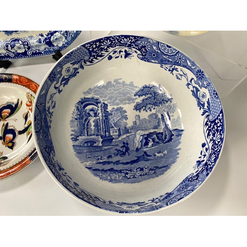 100 - Large Victorian blue & white jug with a small mid 19th century platter and Spode bowl etc.