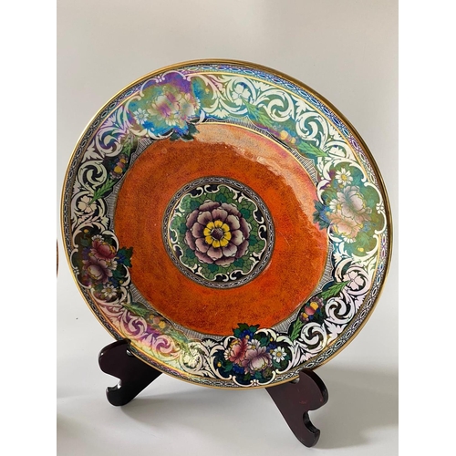 99 - Large 1930's lustre wall plate with a pottery stand signed J Archibald 1953, 29cm