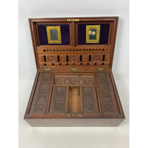 107 - Mid 19th century brass bound teak stationary box, 53cm x 33cm x 20cm