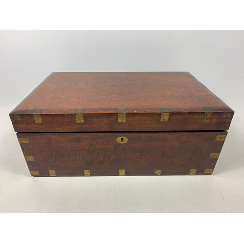 107 - Mid 19th century brass bound teak stationary box, 53cm x 33cm x 20cm