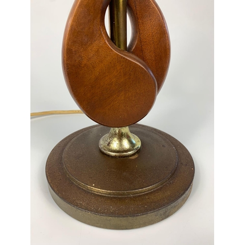 28 - Mid century teak and brass table lamp. 54cm