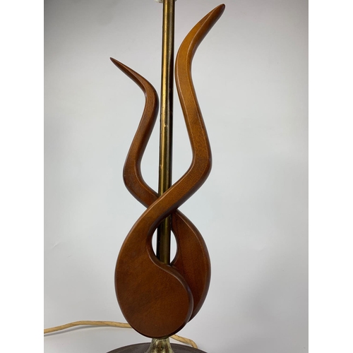 28 - Mid century teak and brass table lamp. 54cm