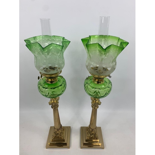 15 - Pair of tall Victorian style oil lamps with Corinthian style pillars, 84cm