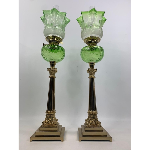 15 - Pair of tall Victorian style oil lamps with Corinthian style pillars, 84cm