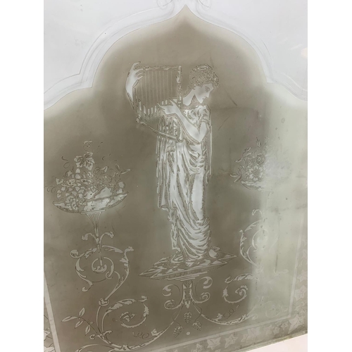 50B - Large Victorian etched glass pane depicting lady harpist, 88cm x 118cm