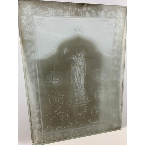 50B - Large Victorian etched glass pane depicting lady harpist, 88cm x 118cm