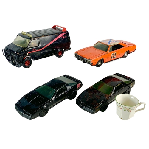 125 - Vintage General Lee, A-Team and Knight Rider tin toys. 34cm