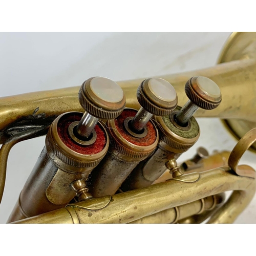 130 - Early 20th century brass bugle with mother of pearl. T. Craig Aberdeen. 33cm