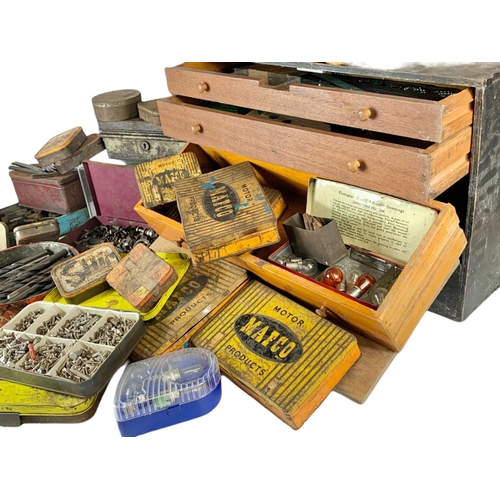 131 - Tool box and contents, including old tins, screws, bolts etc.