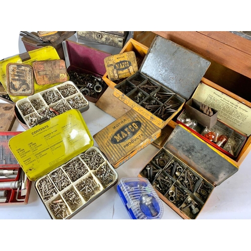 131 - Tool box and contents, including old tins, screws, bolts etc.