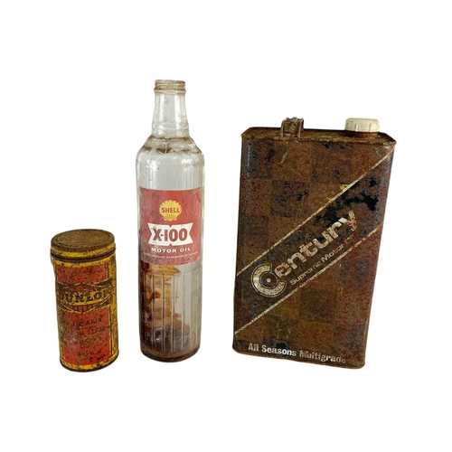 150 - Vintage Shell glass bottle, Dunlop tin and Century motor oil can. 35cm