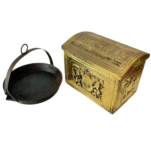 181 - Victorian griddle and a vintage brass coal box. 40/26/28cm