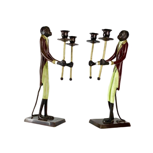 247 - Pair of tall Bronze monkey candlesticks. 41cm.