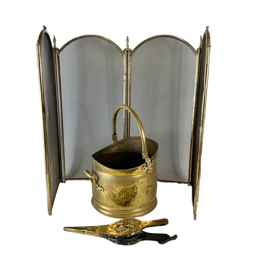 256 - Early 20th century brass coal scuttle and a vintage fireguard and bellows.