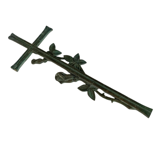 279 - 19th century bronze cross with flower decoration. 39.5cm